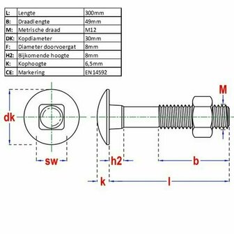 Houtbout M12x300 DIN 603 555 - 4.6 4.8 - afmetingen