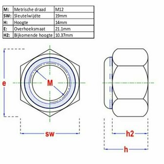 Zeskantborgmoer M12 DIN 982 Kl8 - afmetingen