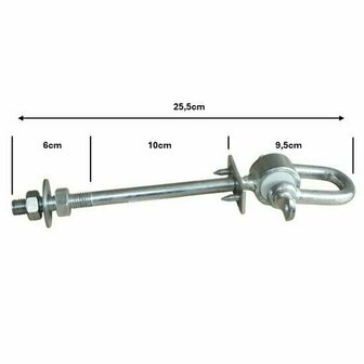 Schommelhaak gelagerd met harpsluiting en 2 borgpinnen M12x255mm afmetingen