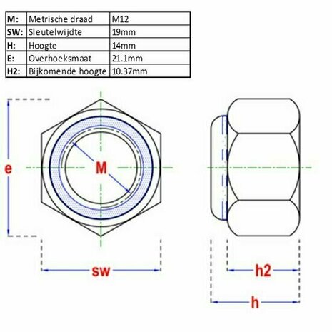 Zeskantborgmoer M12 DIN 982 Kl8 - afmetingen