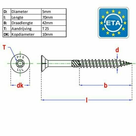 PFS houtconstructieschroef vzk-kop T25 &Oslash;5x70